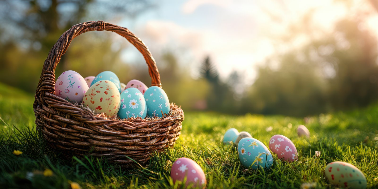 Colorful Easter eggs in a basket on green grass during a sunny spring afternoon